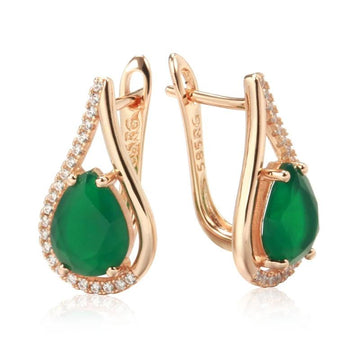 Water Drop Design Rolled 14K Rose Gold Dark Green AAA Zircon Crystals Dangle Earrings Trendy Bride Jewellery